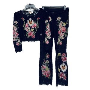 L’atiste By Amy 2 Piece Lace Set S Top / M Pants Needlepoint Style Floral Accent